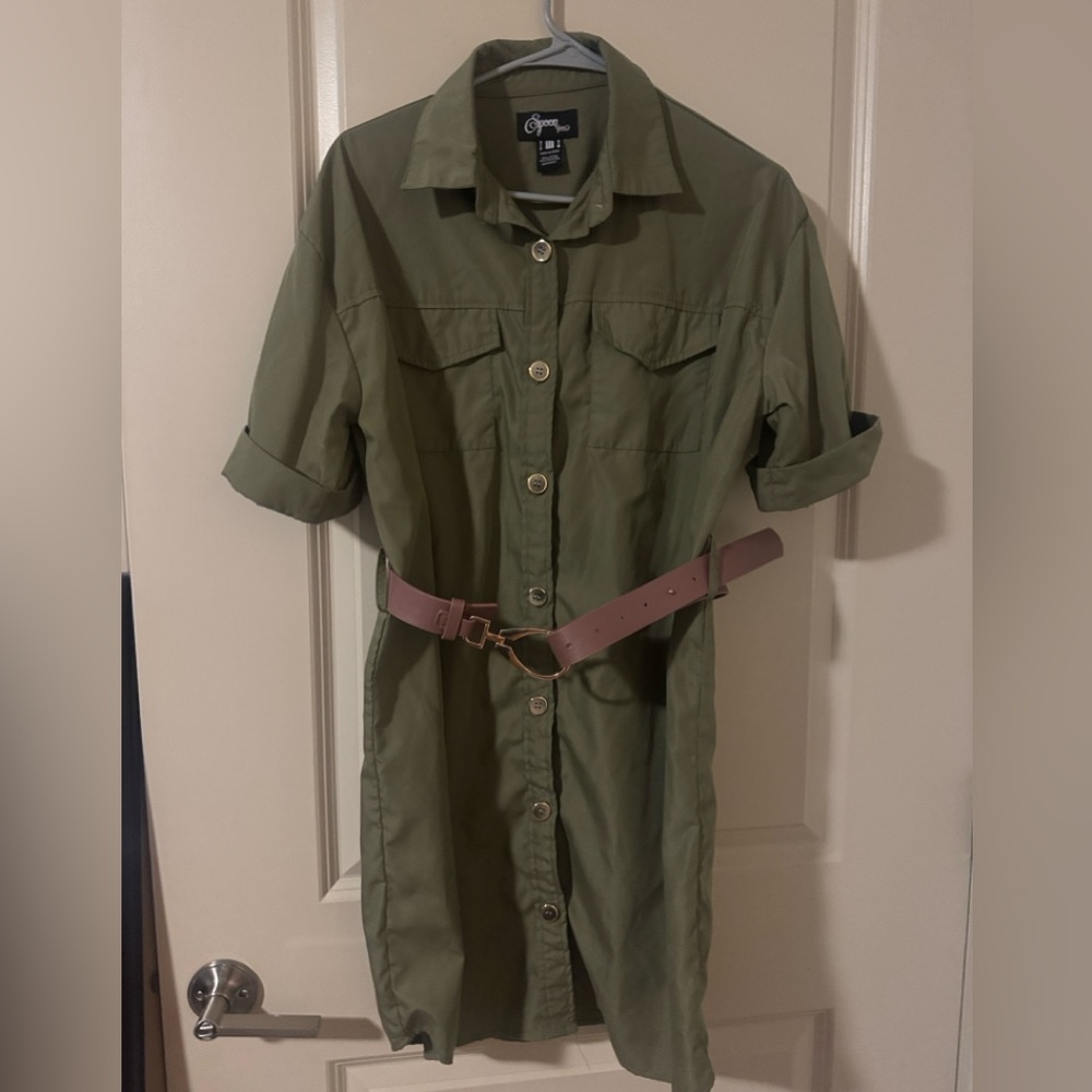 Green Button-Up Dress with Pink Belt